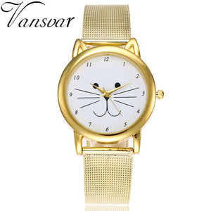 Gold Mesh Band Cute Cat Quartz Watch For Women - meowoholics