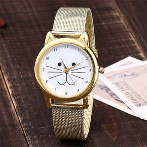 Gold Mesh Band Cute Cat Quartz Watch For Women - meowoholics