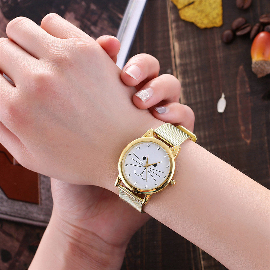 Gold Mesh Band Cute Cat Quartz Watch For Women - meowoholics