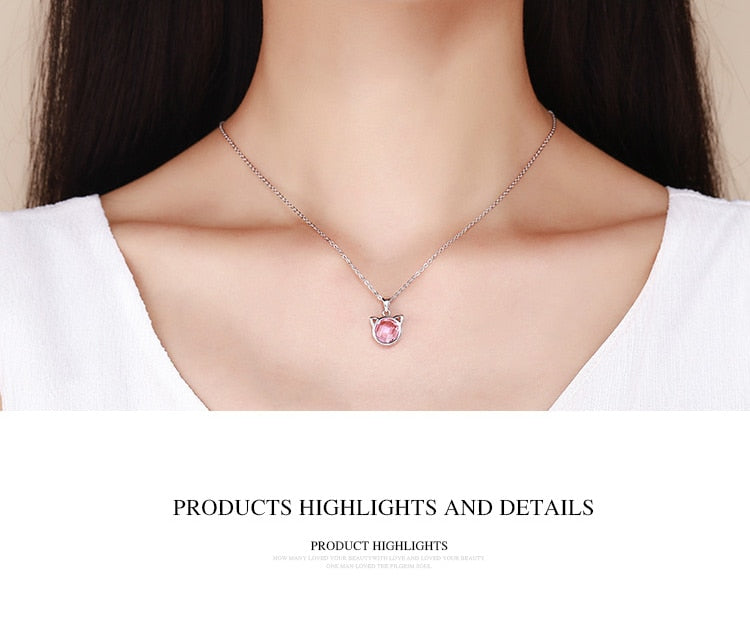 SILVER Cat Pendant Necklaces with Pink Zircon for Women - meowoholics