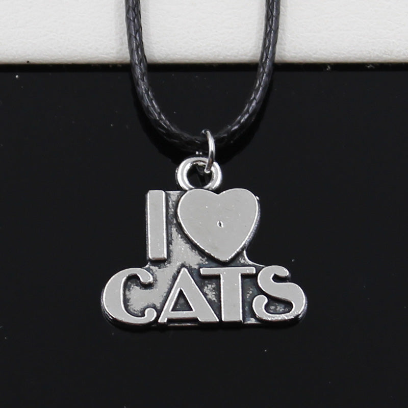 Silver Pendant i love cats Necklace Black Leather Cord Handmade jewelry - meowoholics