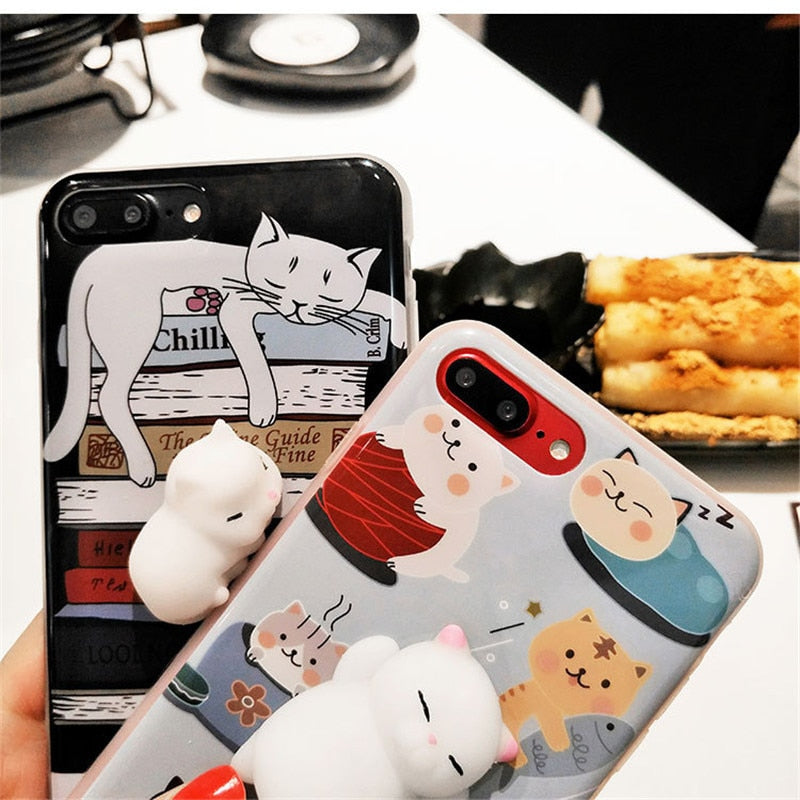 Stress Reliever 3D Cute Case Soft Squeezable Silicone Cat for iPhone X, 6, 6 plus,7, 7 plus,8 ,8 plus - meowoholics