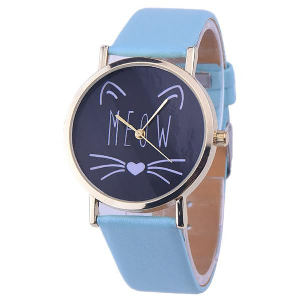 Cat Pattern Leather Band Analog Quartz Vogue Wrist Watch - meowoholics