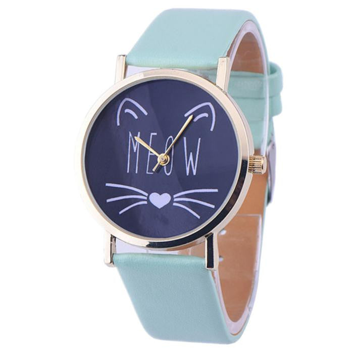 Cat Pattern Leather Band Analog Quartz Vogue Wrist Watch - meowoholics