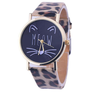 Cat Pattern Leather Band Analog Quartz Vogue Wrist Watch - meowoholics