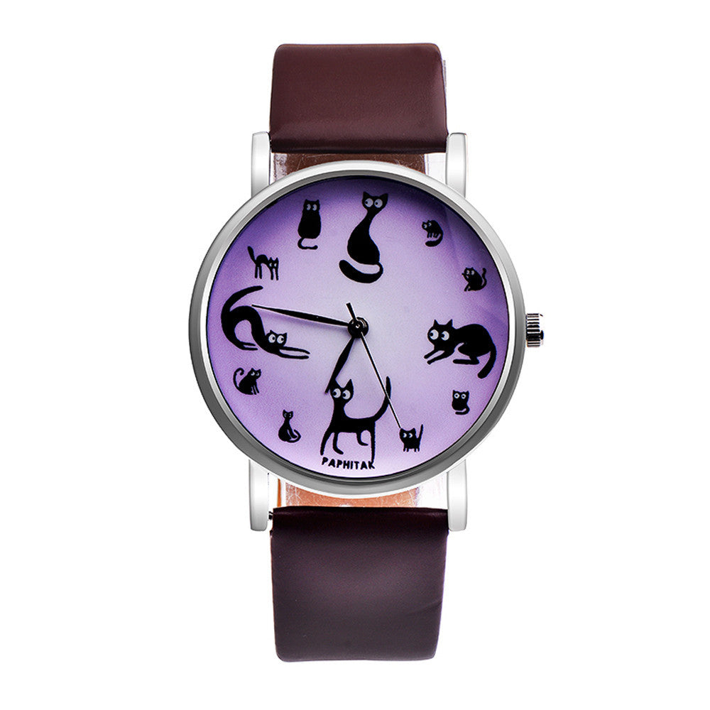 Women Cute Cat Faux Leather Analog Quartz Watch - meowoholics