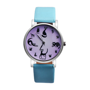 Women Cute Cat Faux Leather Analog Quartz Watch - meowoholics