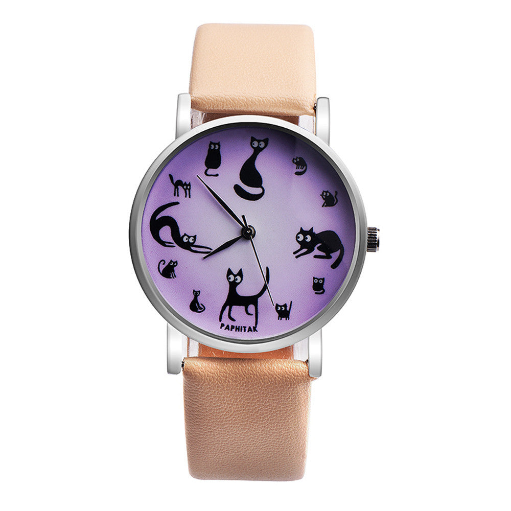 Women Cute Cat Faux Leather Analog Quartz Watch - meowoholics