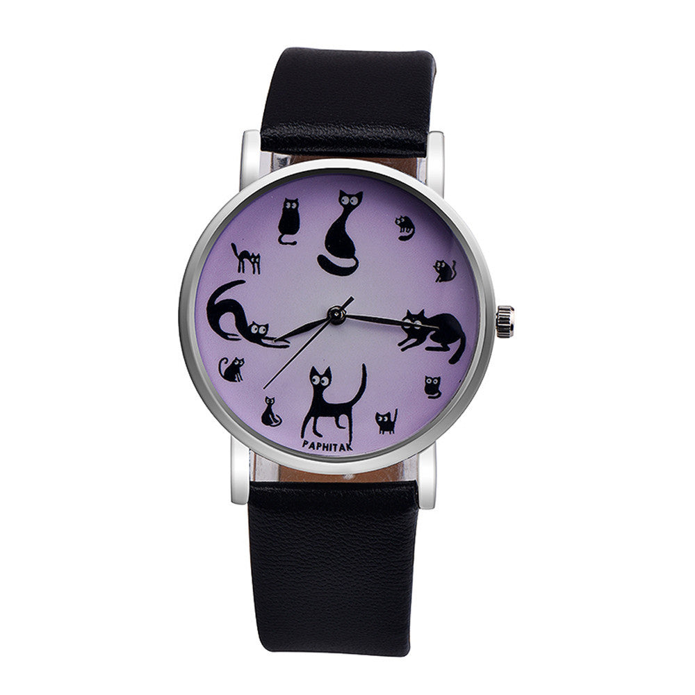 Women Cute Cat Faux Leather Analog Quartz Watch - meowoholics