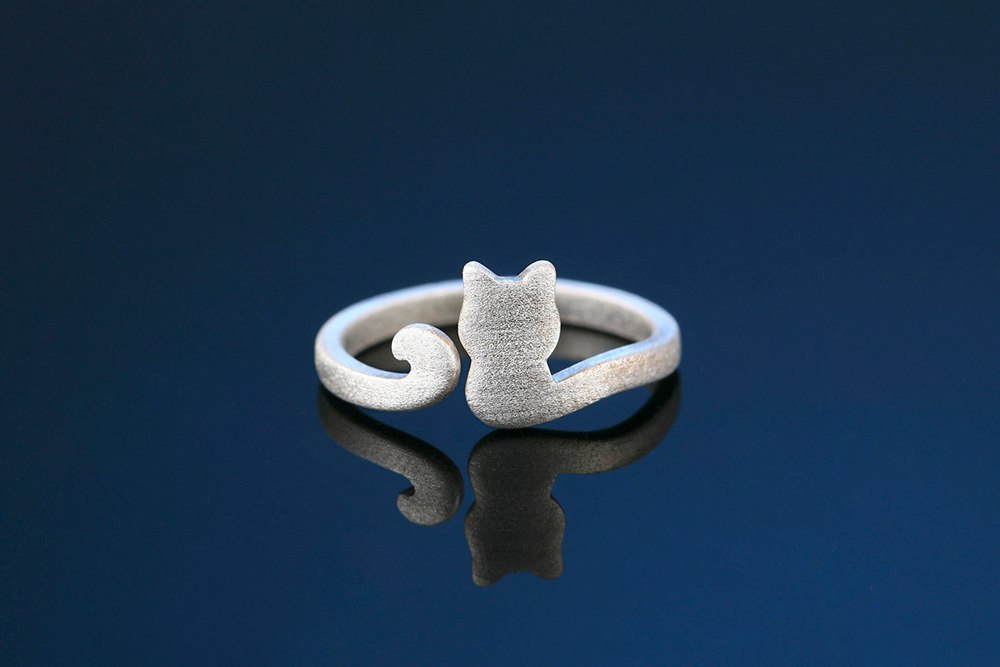 Cute Wire Drawing Little Cat Sterling Silver Adjustable Ring - meowoholics