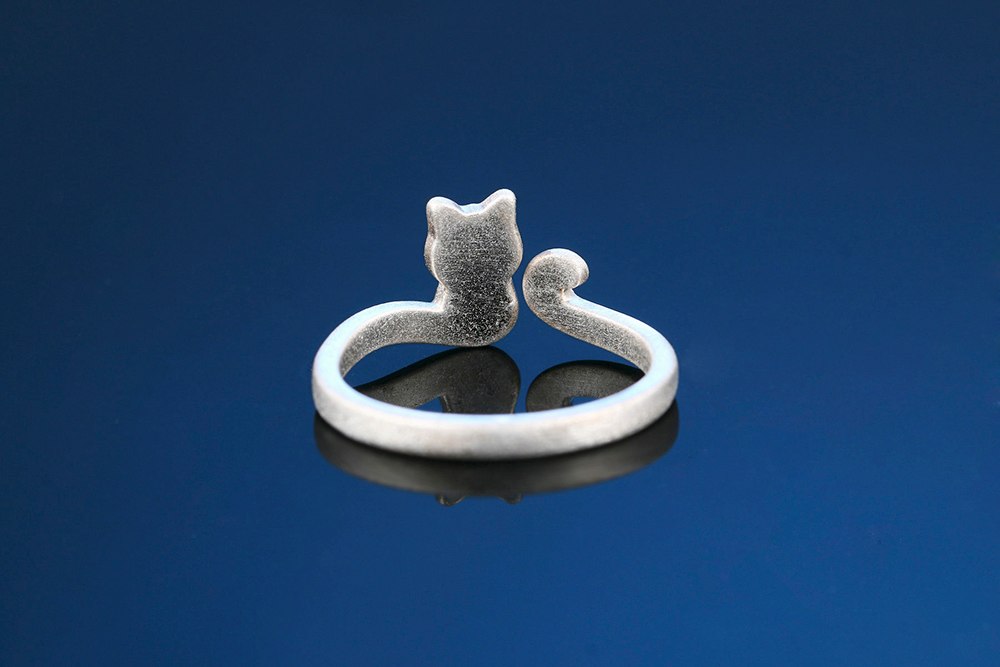 Cute Wire Drawing Little Cat Sterling Silver Adjustable Ring - meowoholics