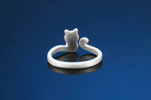 Cute Wire Drawing Little Cat Sterling Silver Adjustable Ring - meowoholics