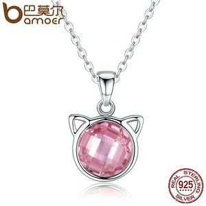 SILVER Cat Pendant Necklaces with Pink Zircon for Women - meowoholics