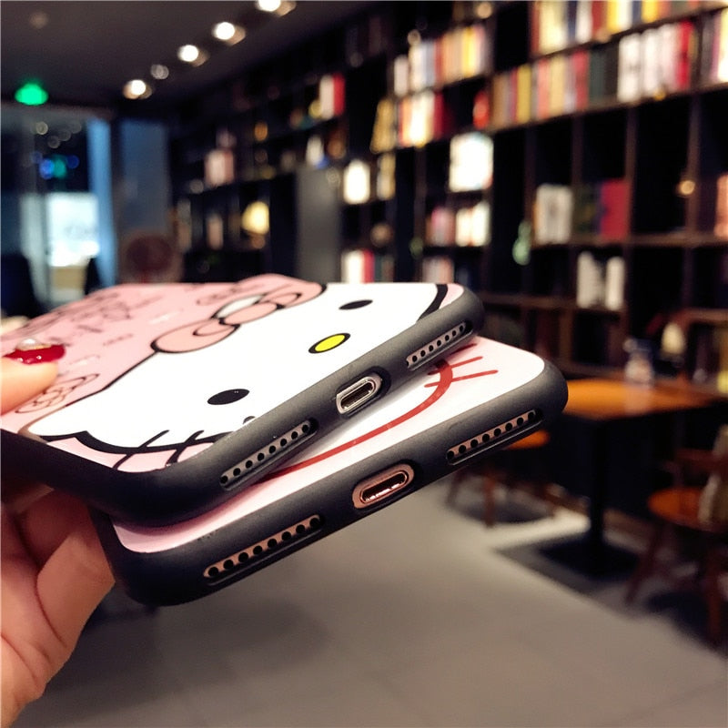 Hello Kitty Glass Back Case + Tempered Glass for Apple iPhone X, 6, 6plus, 7, 7plus, 8, 8plus - meowoholics