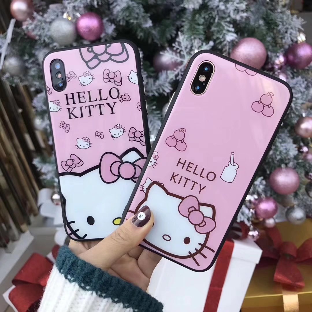 Hello Kitty Glass Back Case + Tempered Glass for Apple iPhone X, 6, 6plus, 7, 7plus, 8, 8plus - meowoholics