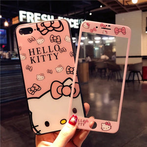 Hello Kitty Glass Back Case + Tempered Glass for Apple iPhone X, 6, 6plus, 7, 7plus, 8, 8plus - meowoholics