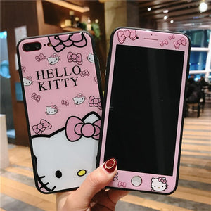 Hello Kitty Glass Back Case + Tempered Glass for Apple iPhone X, 6, 6plus, 7, 7plus, 8, 8plus - meowoholics