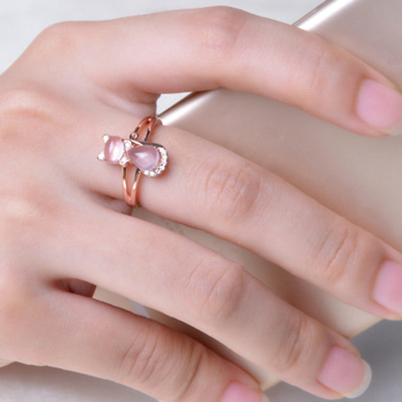 Rose Gold Pink Crystal Cat Ring White Copper Plated - meowoholics