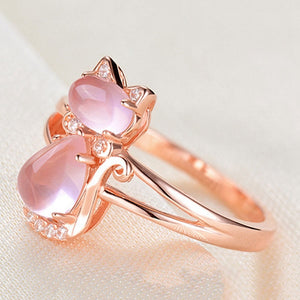 Rose Gold Pink Crystal Cat Ring White Copper Plated - meowoholics