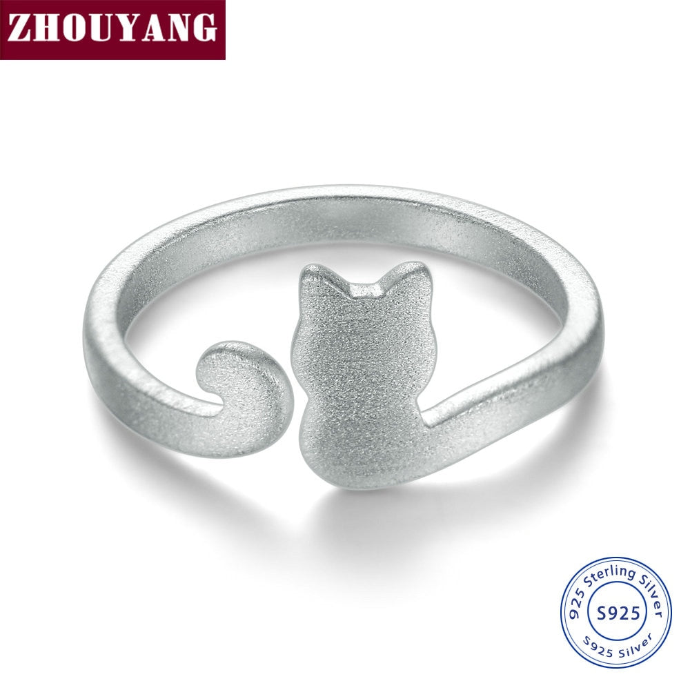 Cute Wire Drawing Little Cat Sterling Silver Adjustable Ring - meowoholics