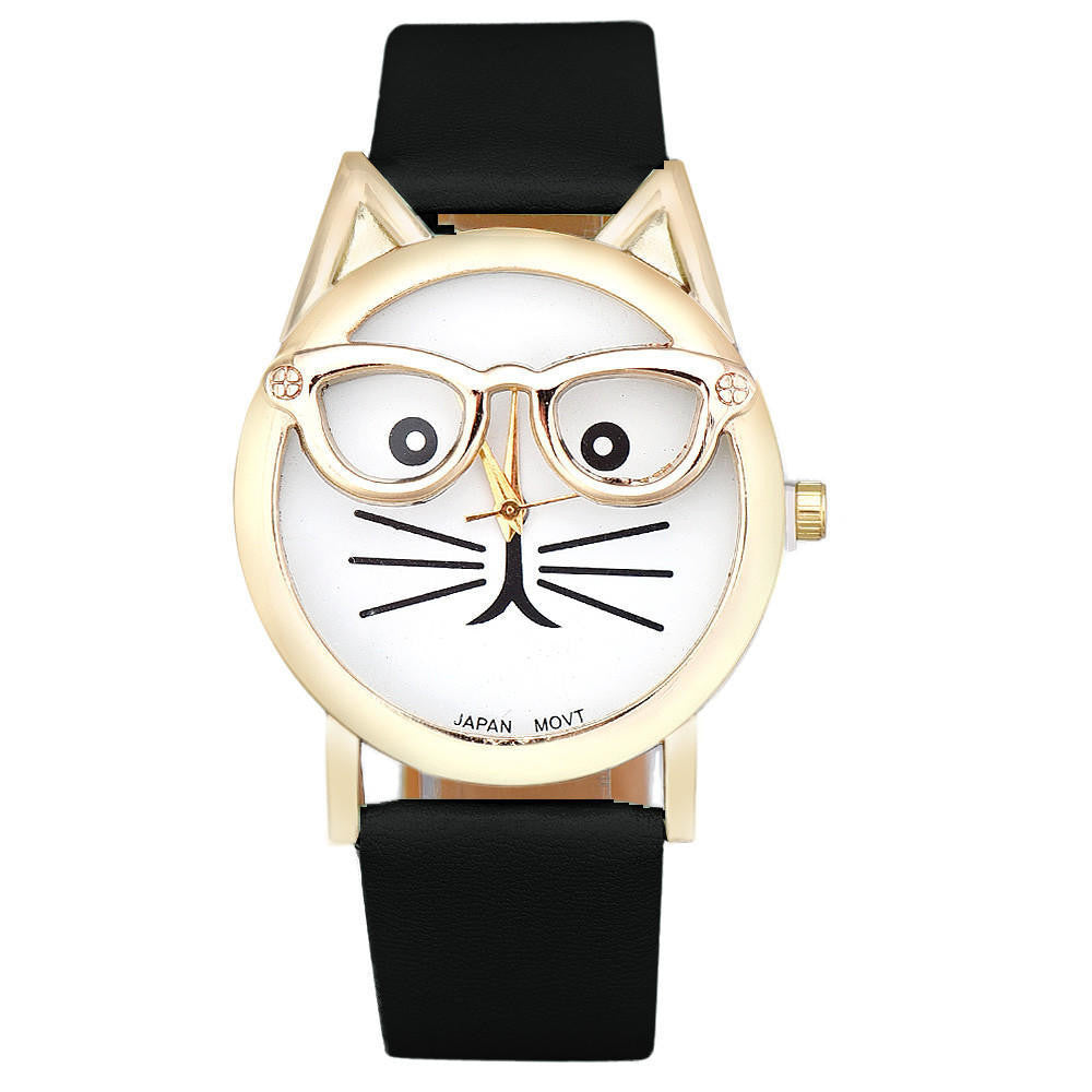 Cute Glasses Cat Pattern Leather Quartz Watch - meowoholics