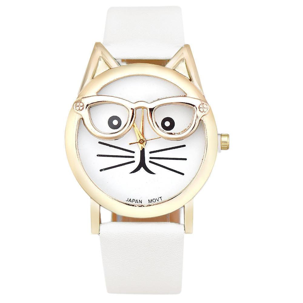 Cute Glasses Cat Pattern Leather Quartz Watch - meowoholics