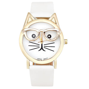 Cute Glasses Cat Pattern Leather Quartz Watch - meowoholics