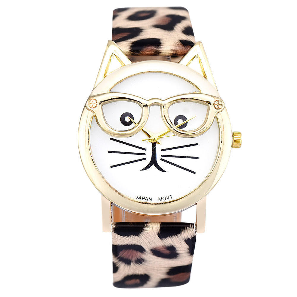 Cute Glasses Cat Pattern Leather Quartz Watch - meowoholics