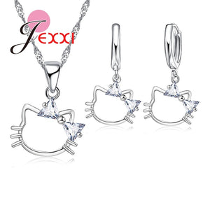 Hello Kitty Silver Pendant Necklace Earrings Set For Women - meowoholics