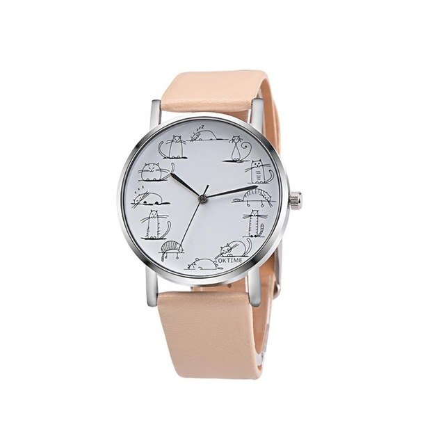 Women Cartoon Cat Leather Band Analog Quartz Wrist Watch - meowoholics