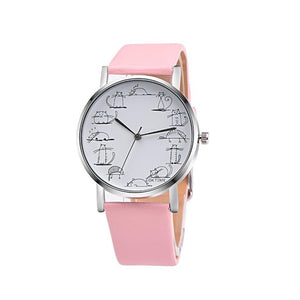 Women Cartoon Cat Leather Band Analog Quartz Wrist Watch - meowoholics