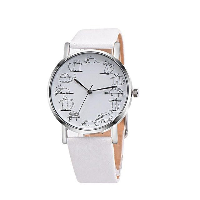 Women Cartoon Cat Leather Band Analog Quartz Wrist Watch - meowoholics